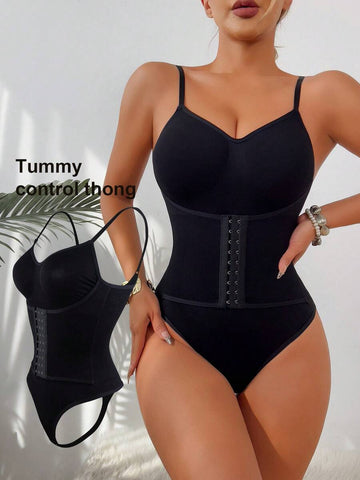 Women's backless waist shaping shapewear bodysuit in black featuring high stretch fabric and ultra light tummy support.