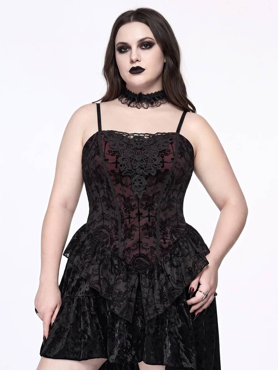 Black Gothic flocked lace camisole featuring spaghetti straps and an asymmetrical ruffle hem.