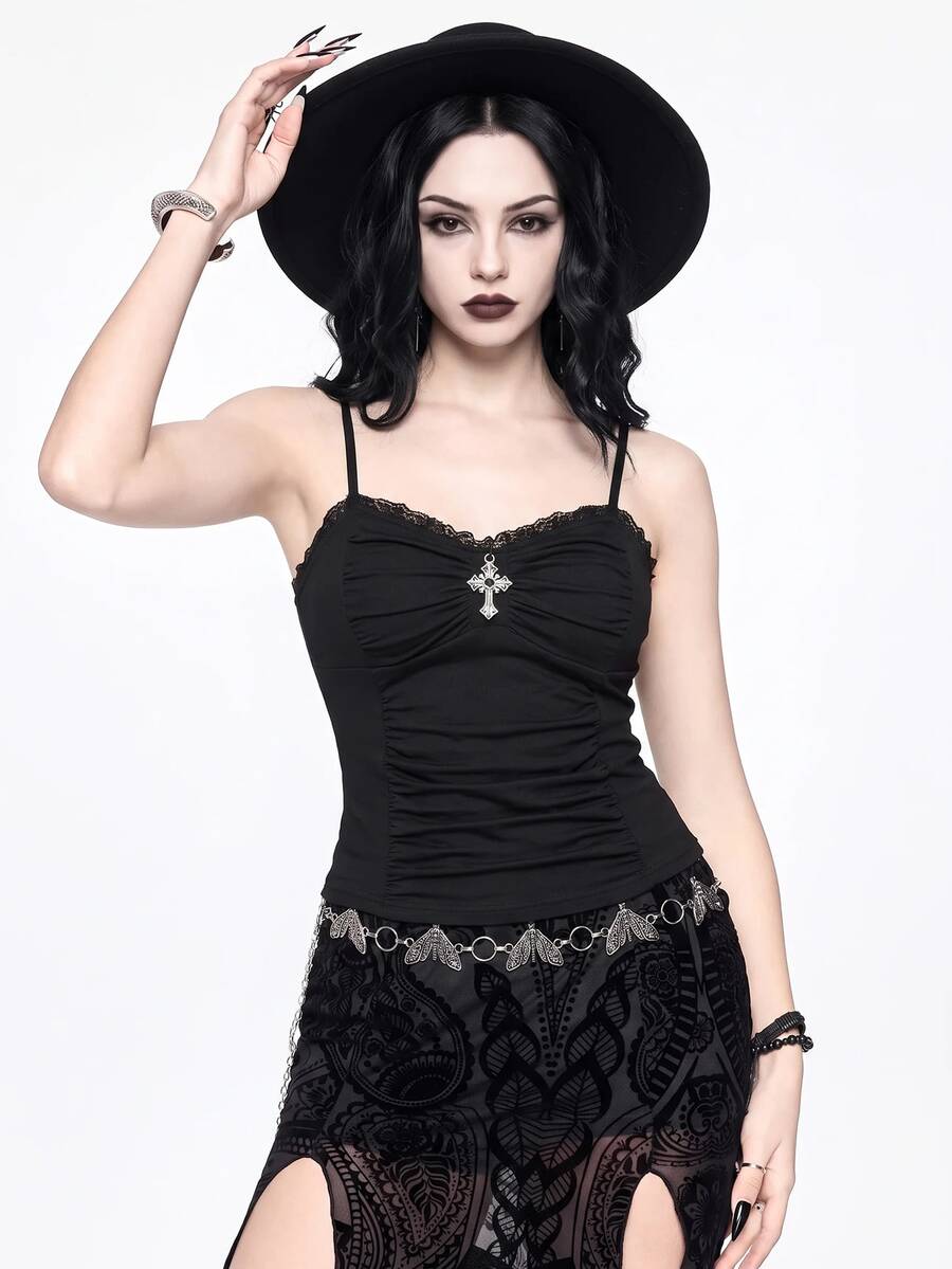 A black gothic slim-fit tank top featuring contrast lace patchwork detailing, ruched frill trim, and thin spaghetti straps made from soft knitted stretch fabric.