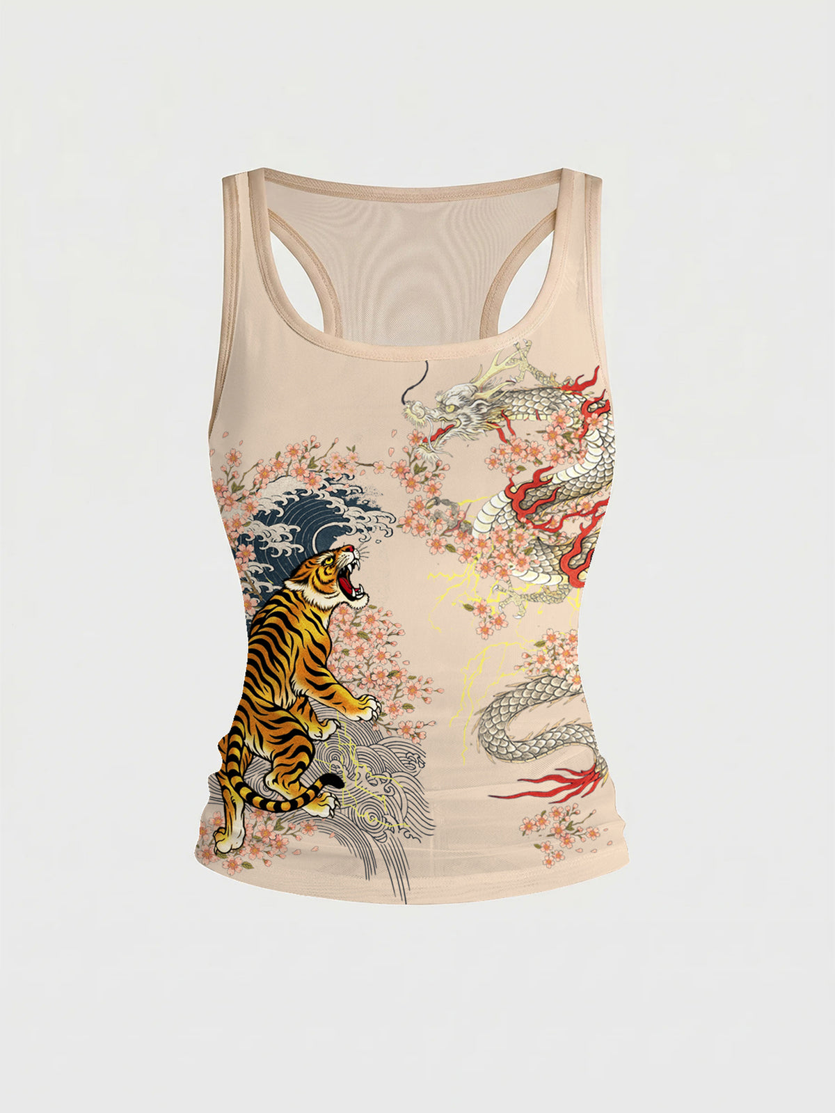 Women's slim fit tank top featuring a tiger dragon folk print, square neckline, cut out detail, and sleeveless cut in beige knitted fabric.