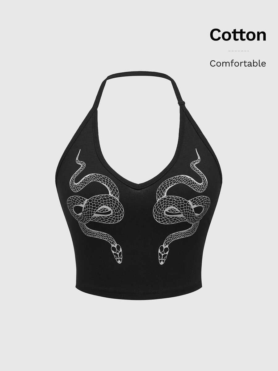 Black snake print halter camisole top for women featuring rhinestone details and a backless crop design.