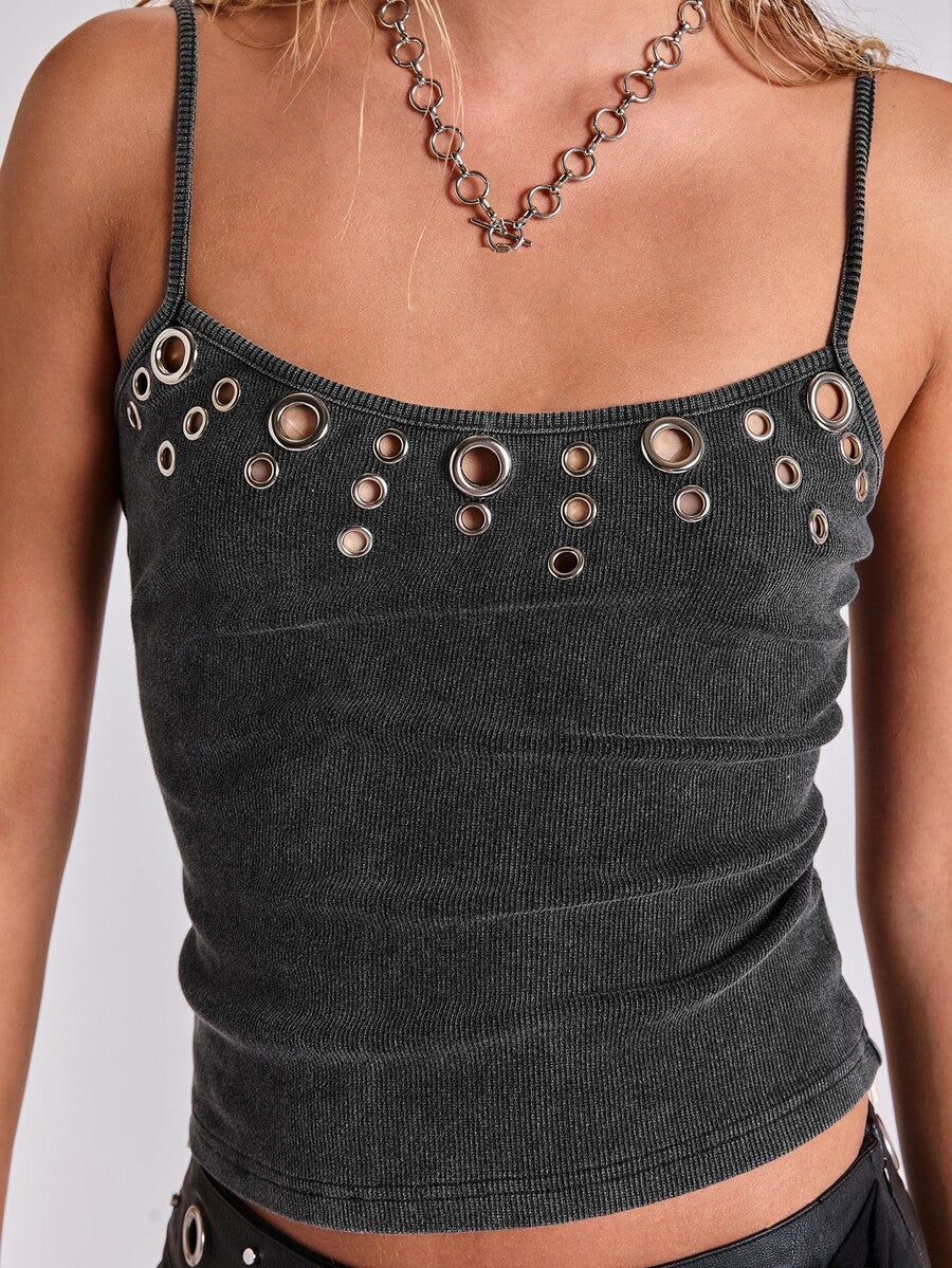 Front view of a women's black rib-knit camisole tank top with rhinestone details and spaghetti straps.