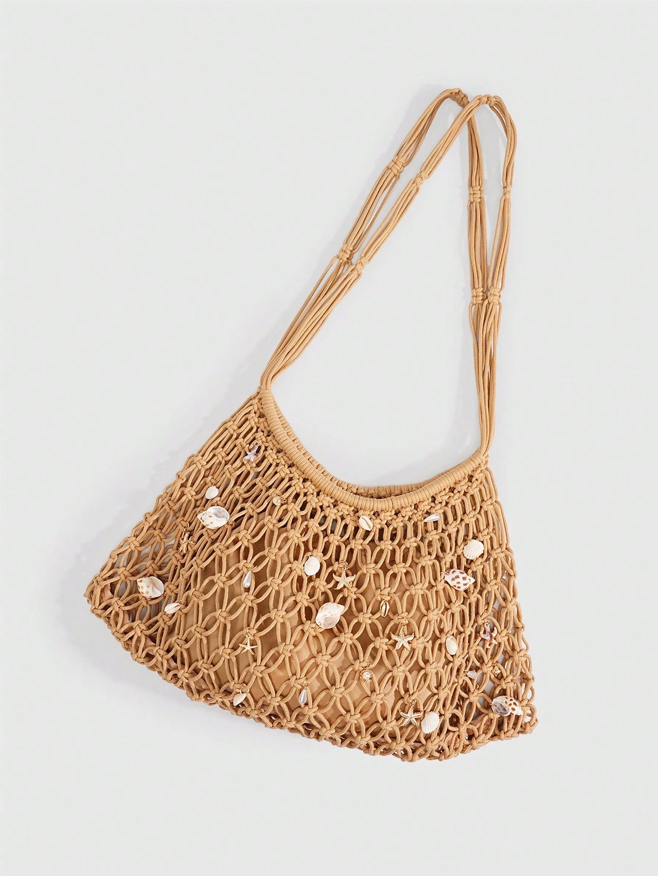 ROMWE Fairycore 1 Pc Tropical Ocean Beach Vacation Style Woven Hollow Beige Women's Shoulder Crossbody Handbag, Large Capacity Travel Vacation Bag
