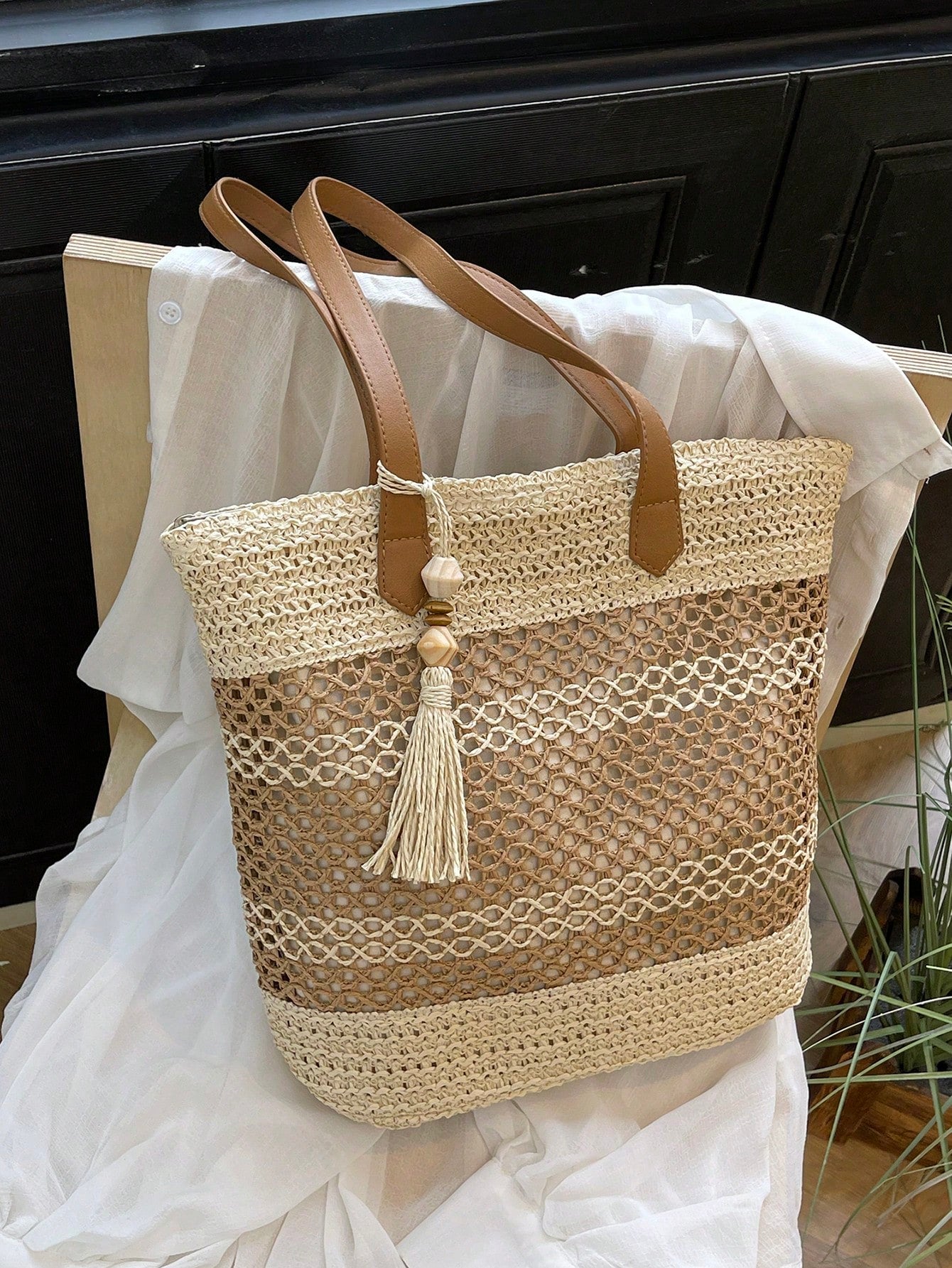 Tasseled Accent Colorblock Tote Bag, Beach Vacation Bag