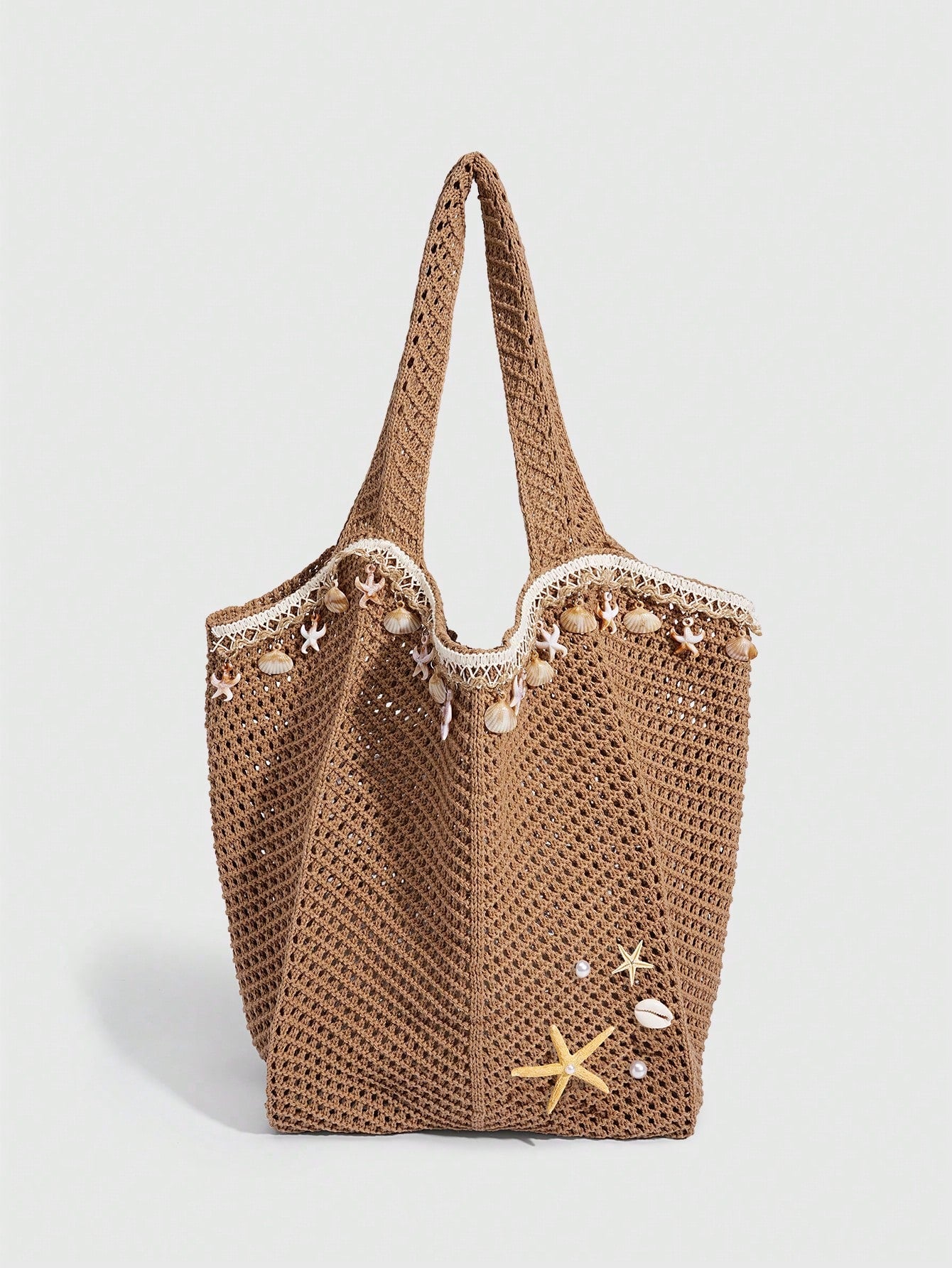 ROMWE Fairycore 1 Pc Tropical Ocean Beach Vacation Style Woven Hollow Beige Women's Shoulder Crossbody Handbag, Large Capacity Travel Vacation Bag