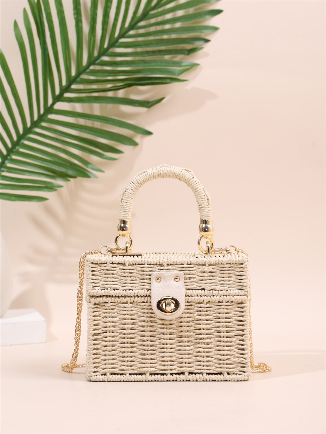 Tropiscape Small Square Box Woven Metal Chain Bag, Holiday Essentials, Perfect For Travel,