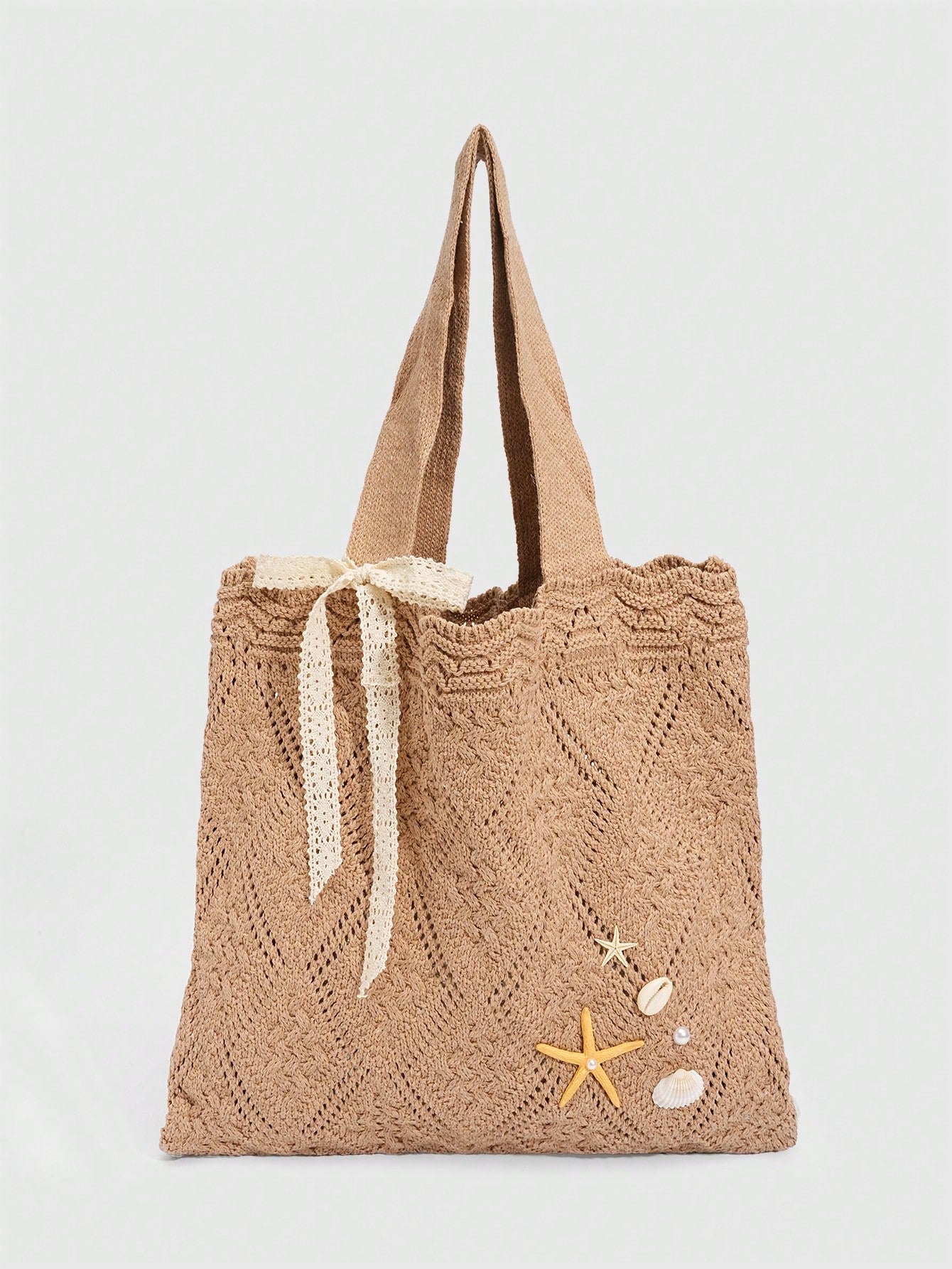 ROMWE Fairycore 1 Pc Tropical Ocean Beach Vacation Style Woven Hollow Beige Women's Shoulder Crossbody Handbag, Large Capacity Travel Vacation Bag