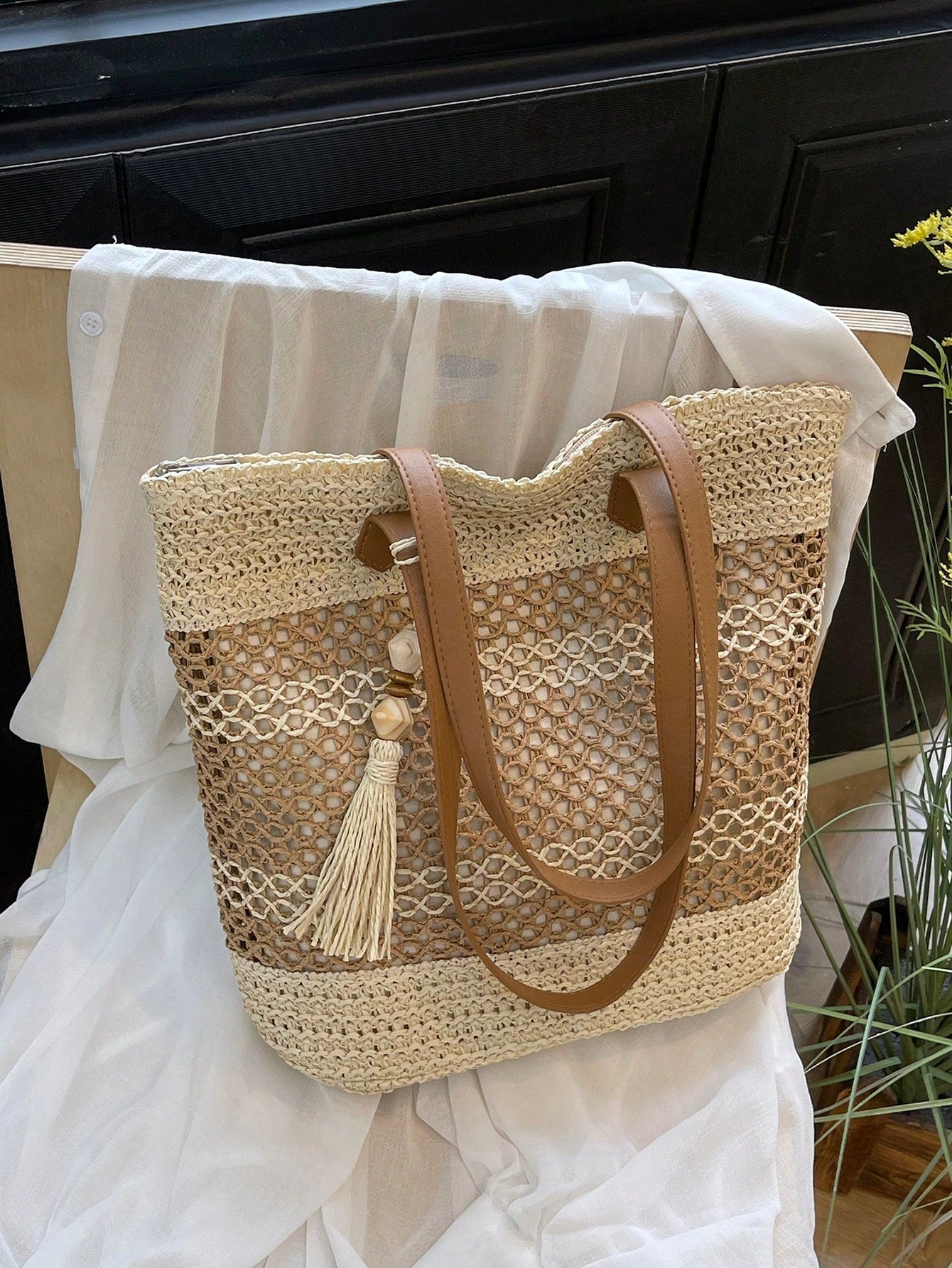 Tasseled Accent Colorblock Tote Bag, Beach Vacation Bag