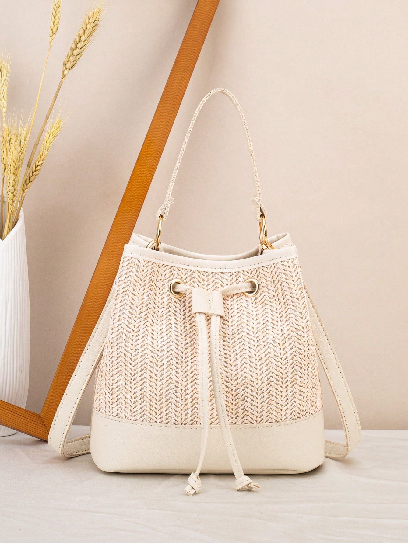 Drawstring Bucket Bag, Large Capacity Daily Versatile Bag, New Summer Beach Bag, Straw Crossbody Bag, Durable Women Handbag