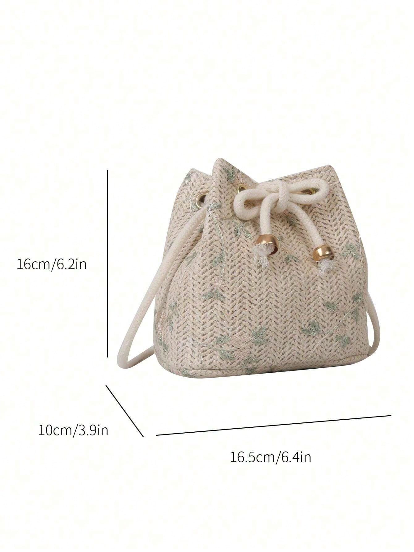 Tropiscape Mini Floral Embroidered Drawstring Detail Vacation, Straw Purse