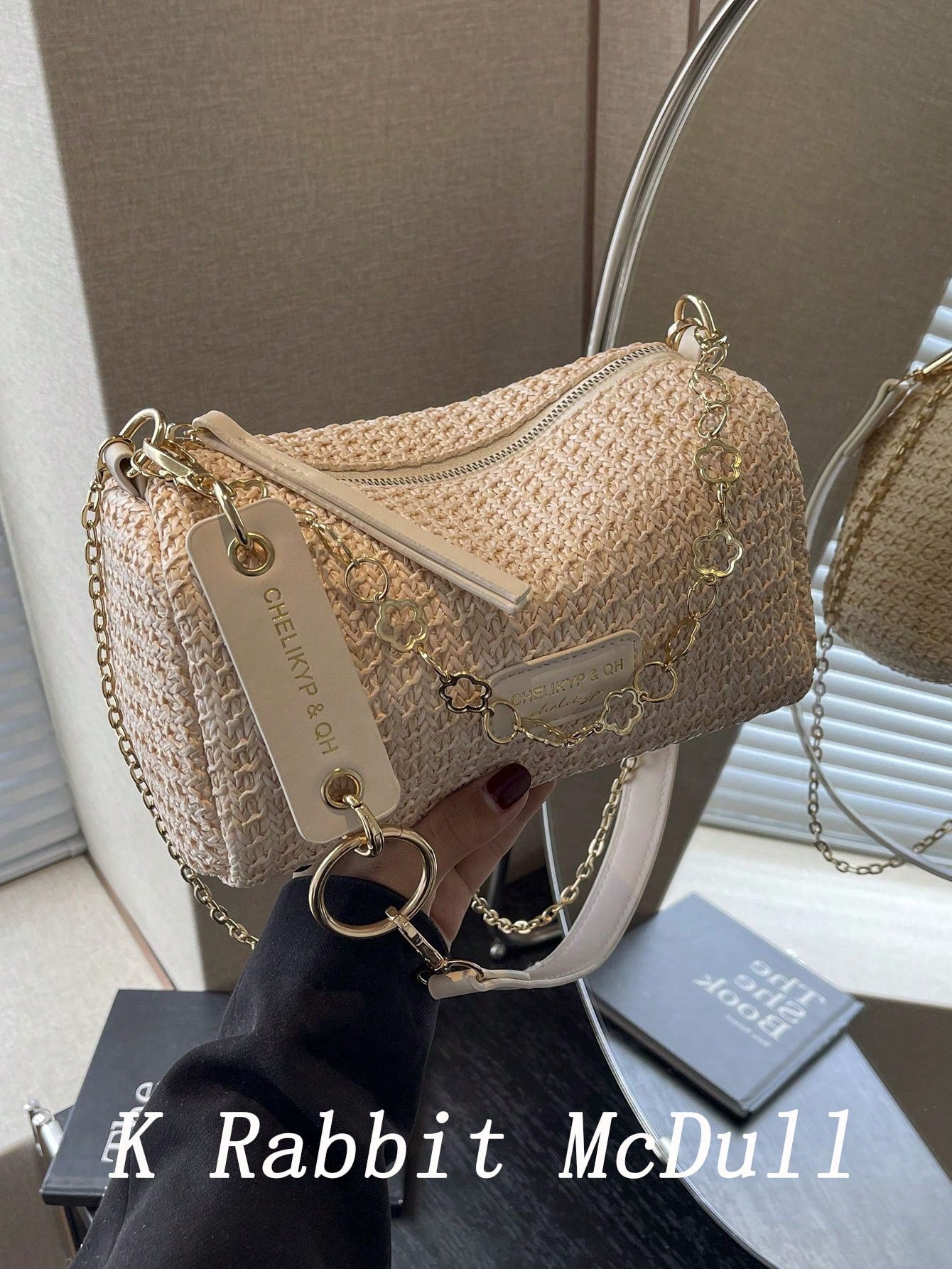 New Spring/Summer Contrast Striped Woven Straw Shoulder Bag, Fashion Letter Decor Women's