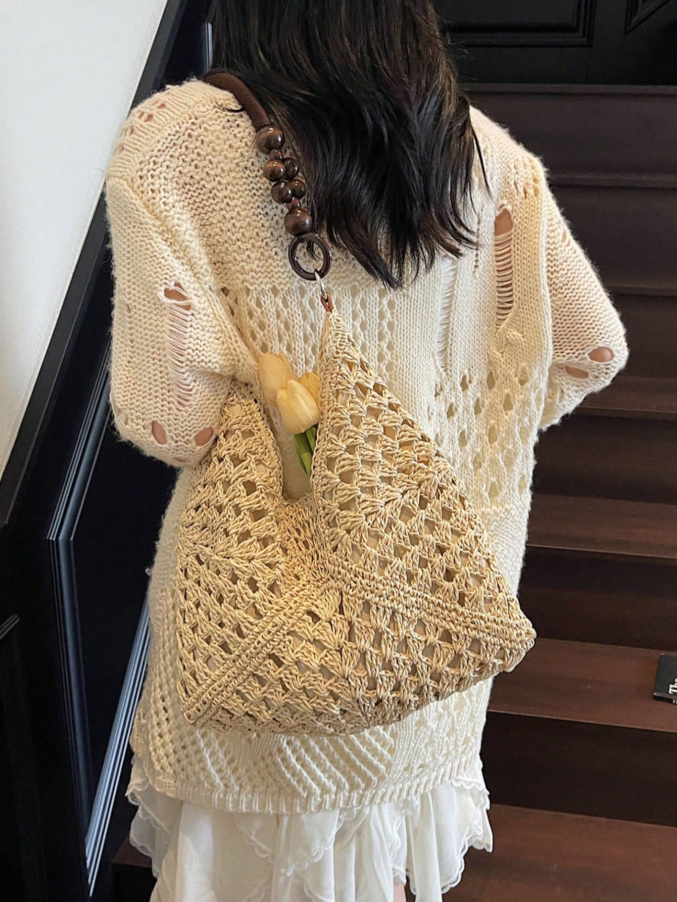 Handmade Crochet Hollow Straw Bag, Patchwork Large Capacity Shoulder Bag, Bohemian Contrast Color Straw Bag, Casual Versatile Women Bag, Slouchy Woven Bag, Summer Beach Vacation Straw Bag, Commute & Travel Dual-Use Women Bag, Can Fit , Gift For Women