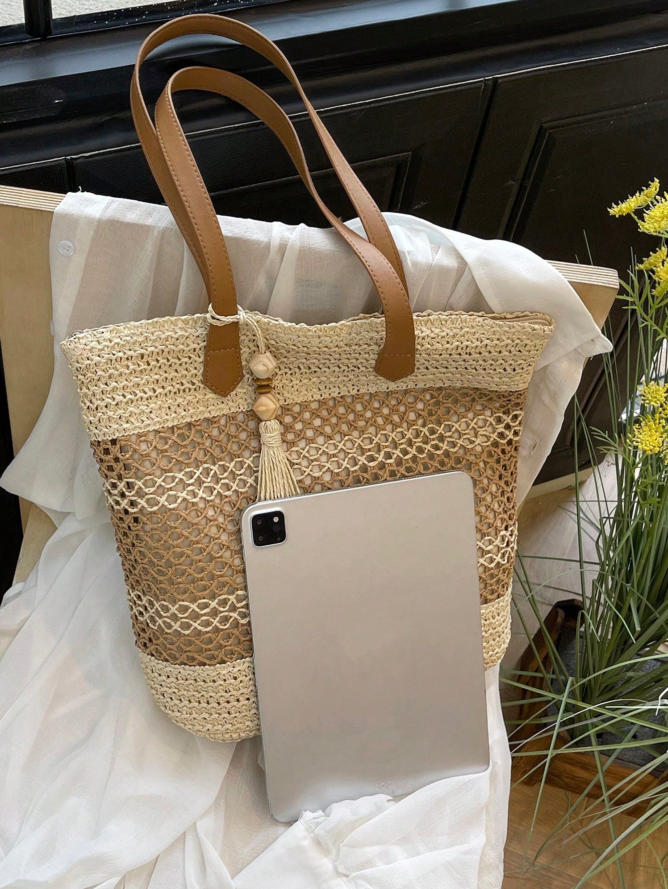Tasseled Accent Colorblock Tote Bag, Beach Vacation Bag