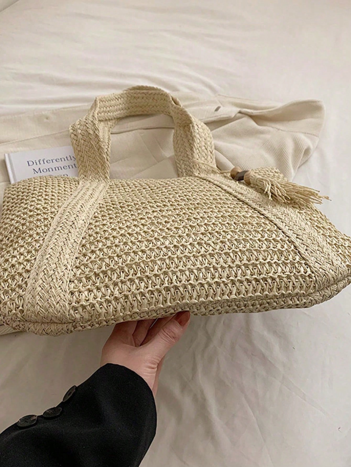 Women's Large Capacity Straw Vacation Beach Bag, Woven With Tassels, Shoulder Handbag Wallet, Casual Fashion Travel Bag, Portable Bohemian Foldable Tote , Bohemian Outfit For Women , Summer, Boho
