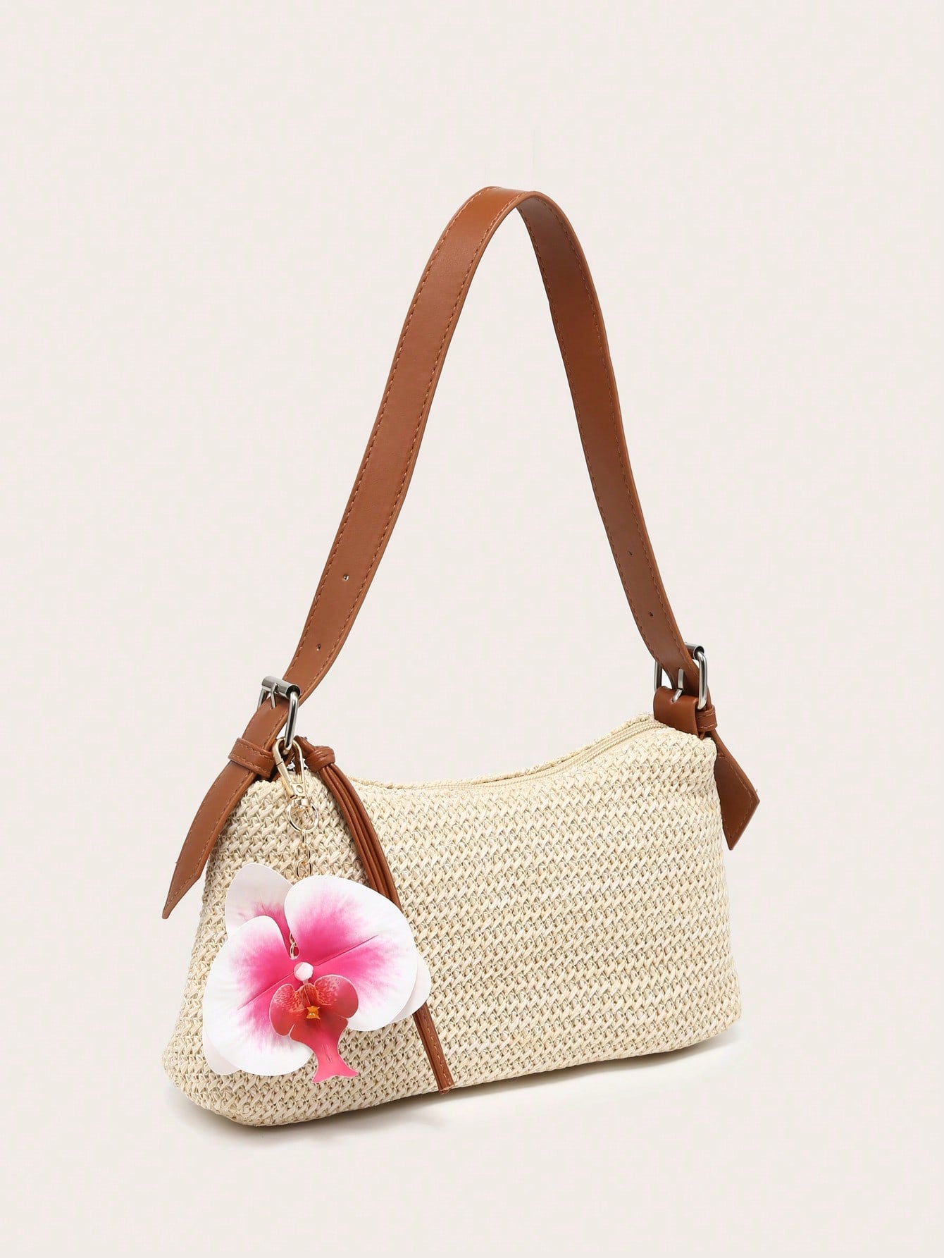 Women's Underarm Shoulder Bag, Square Bag, PU Rope Flower Pendant, Large Capacity, Lightweight, Casual Fashionable Beach Vacation Style, Suitable For Shopping And Vacation , Beach Bag, Holiday, Straw Bag