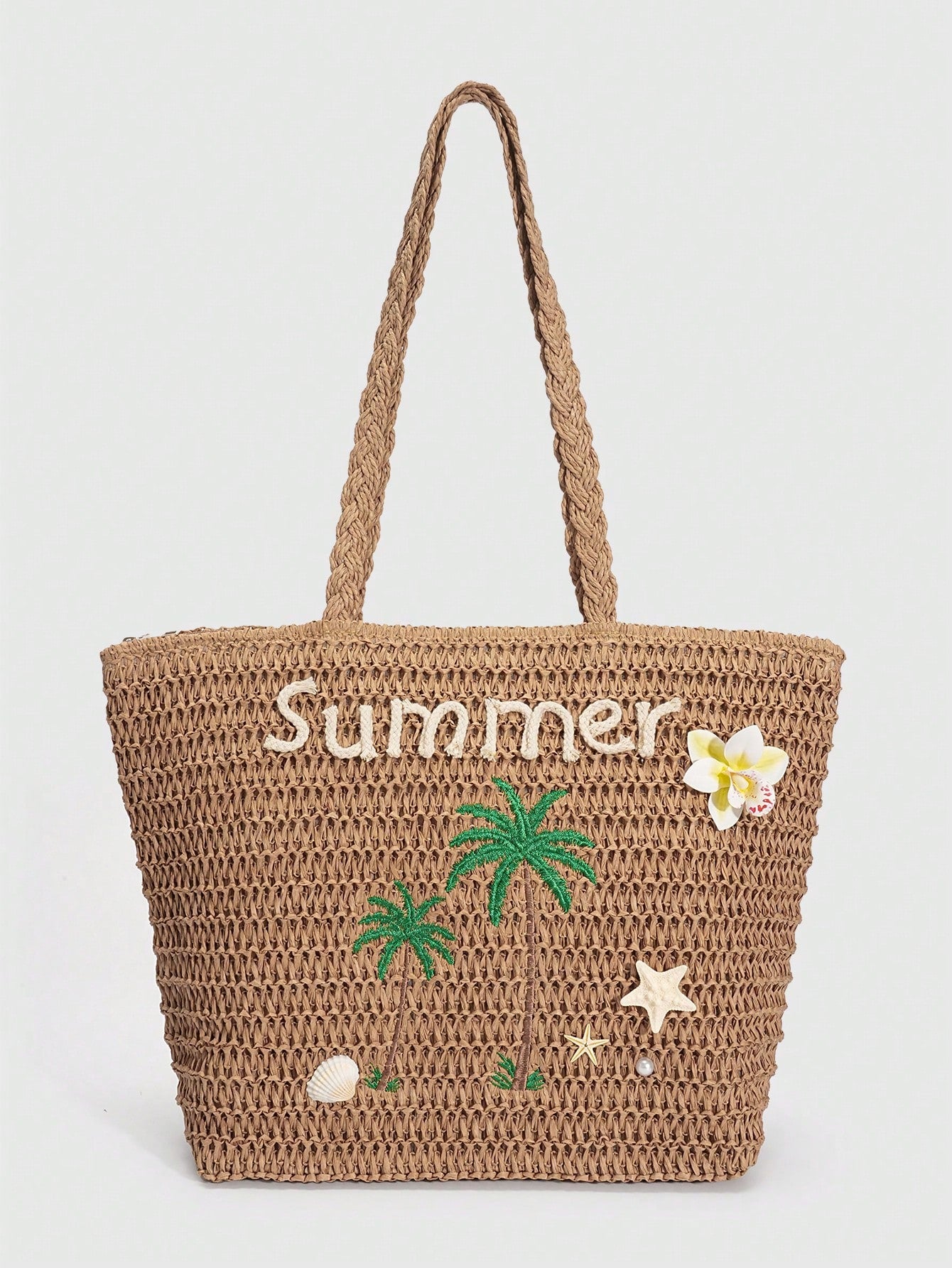 ROMWE Fairycore 1pc Vacation-Themed Shell, Seashell, Coral, Pearl Decor Women Tote Bag, Large Capacity Floral Straw Beach Bag For Spring/Summer