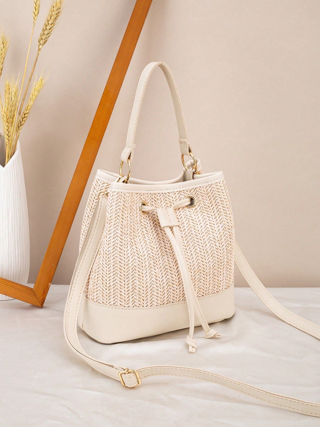 Drawstring Bucket Bag, Large Capacity Daily Versatile Bag, New Summer Beach Bag, Straw Crossbody Bag, Durable Women Handbag