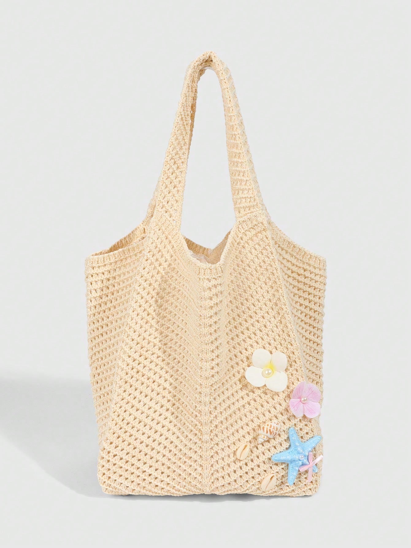 ROMWE Fairycore 1 Pc Tropical Ocean Beach Vacation Style Woven Hollow Beige Women's Shoulder Crossbody Handbag, Large Capacity Travel Vacation Bag