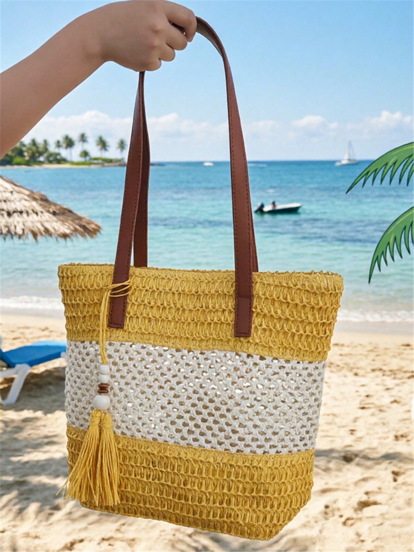 1pc New Holiday Tassel Pendant Bicolor Woven Beach Tote Bag, Casual Shoulder Handbag For Beach Trip