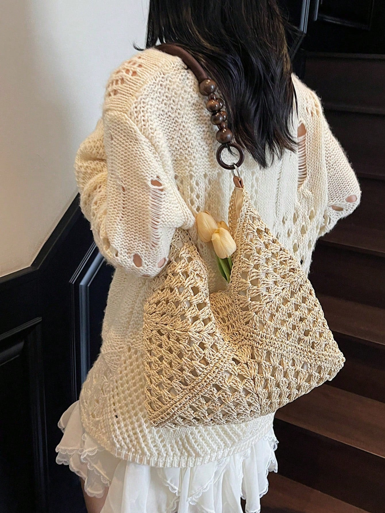 Handmade Crochet Hollow Straw Bag, Patchwork Large Capacity Shoulder Bag, Bohemian Contrast Color Straw Bag, Casual Versatile Women Bag, Slouchy Woven Bag, Summer Beach Vacation Straw Bag, Commute & Travel Dual-Use Women Bag, Can Fit , Gift For Women