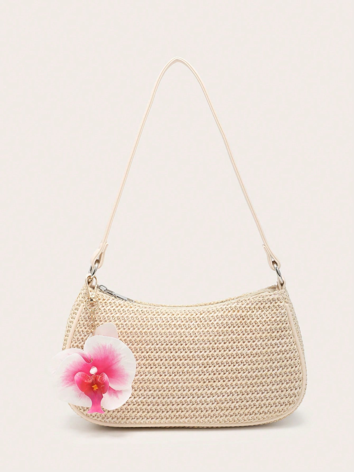 Women's Underarm Shoulder Bag, Square Bag, PU Rope Flower Pendant, Large Capacity, Lightweight, Casual Fashionable Beach Vacation Style, Suitable For Shopping And Vacation , Beach Bag, Holiday, Straw Bag