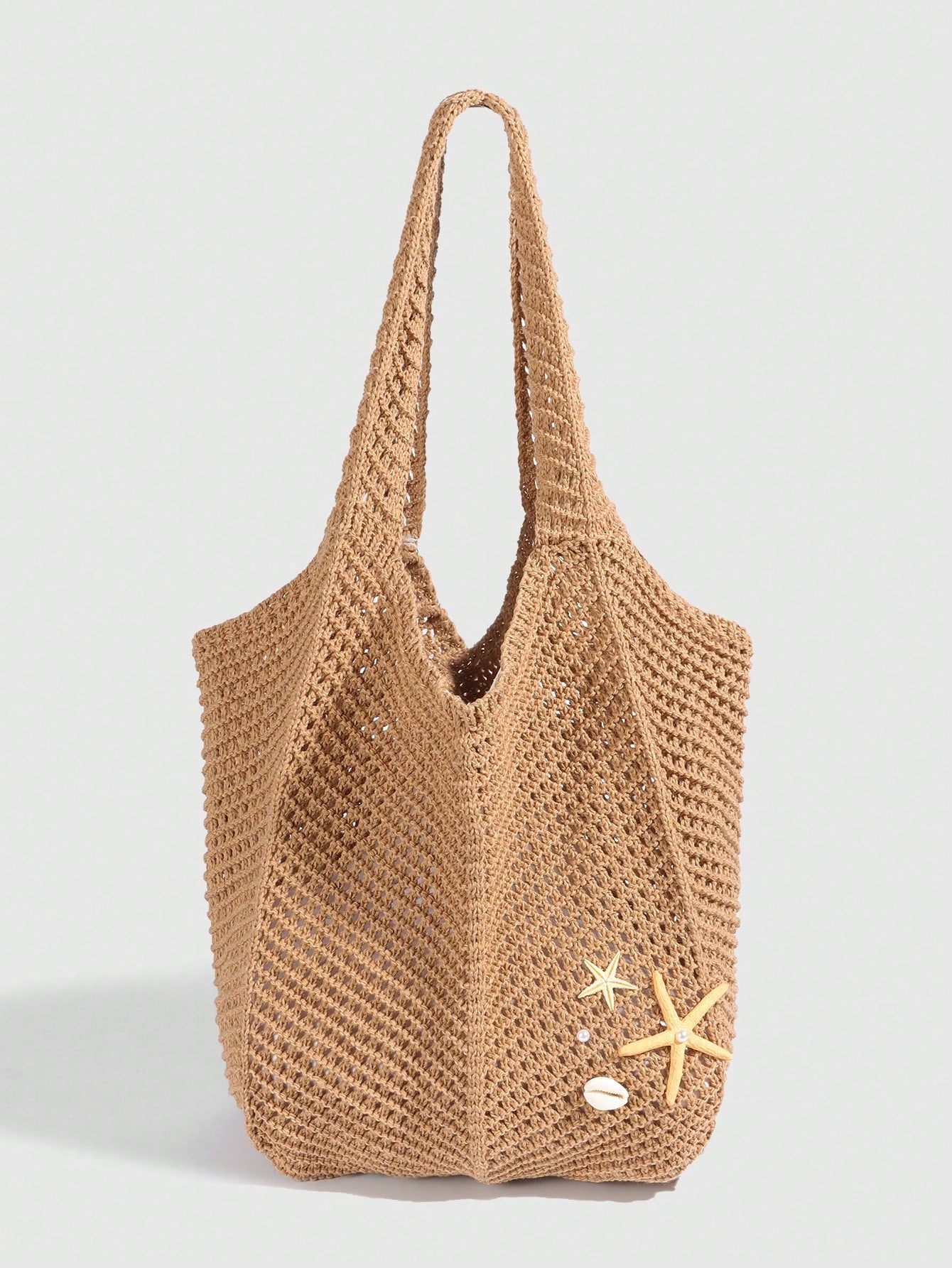 ROMWE Fairycore 1 Pc Tropical Ocean Beach Vacation Style Woven Hollow Beige Women's Shoulder Crossbody Handbag, Large Capacity Travel Vacation Bag