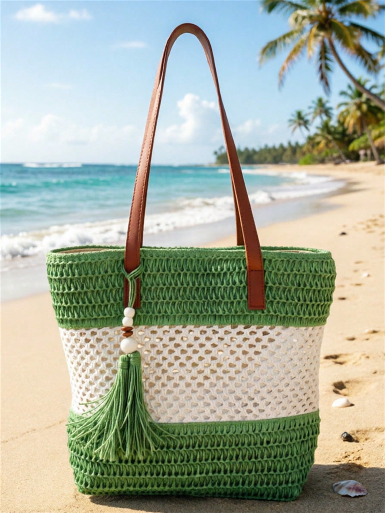 1pc New Holiday Tassel Pendant Bicolor Woven Beach Tote Bag, Casual Shoulder Handbag For Beach Trip