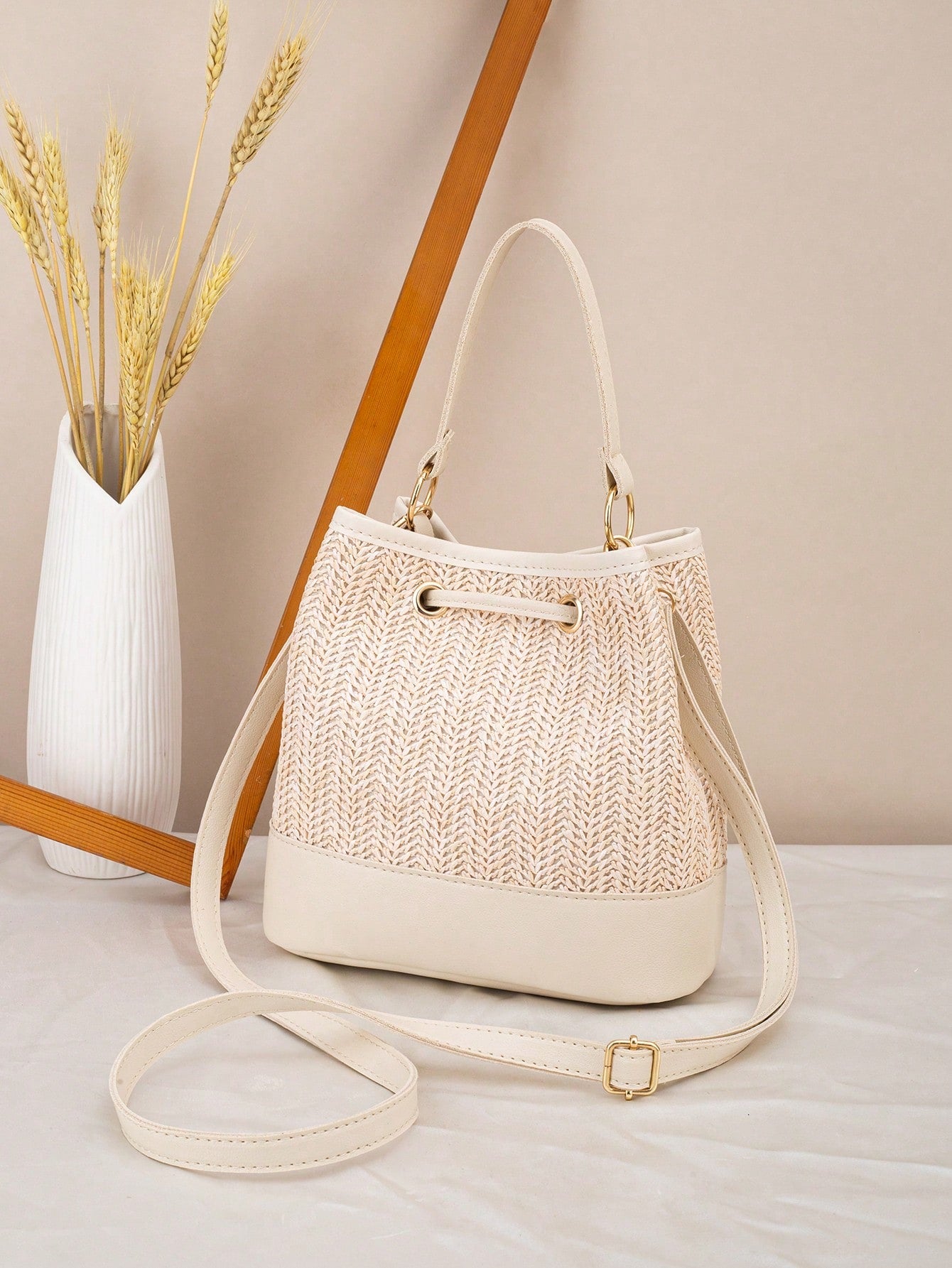 Drawstring Bucket Bag, Large Capacity Daily Versatile Bag, New Summer Beach Bag, Straw Crossbody Bag, Durable Women Handbag