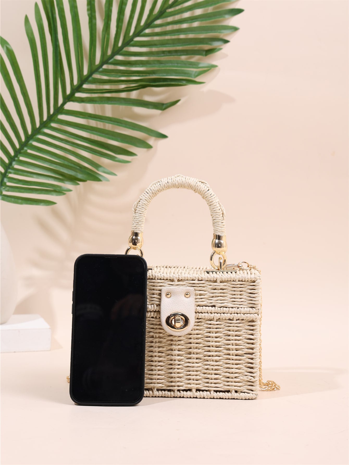 Tropiscape Small Square Box Woven Metal Chain Bag, Holiday Essentials, Perfect For Travel,