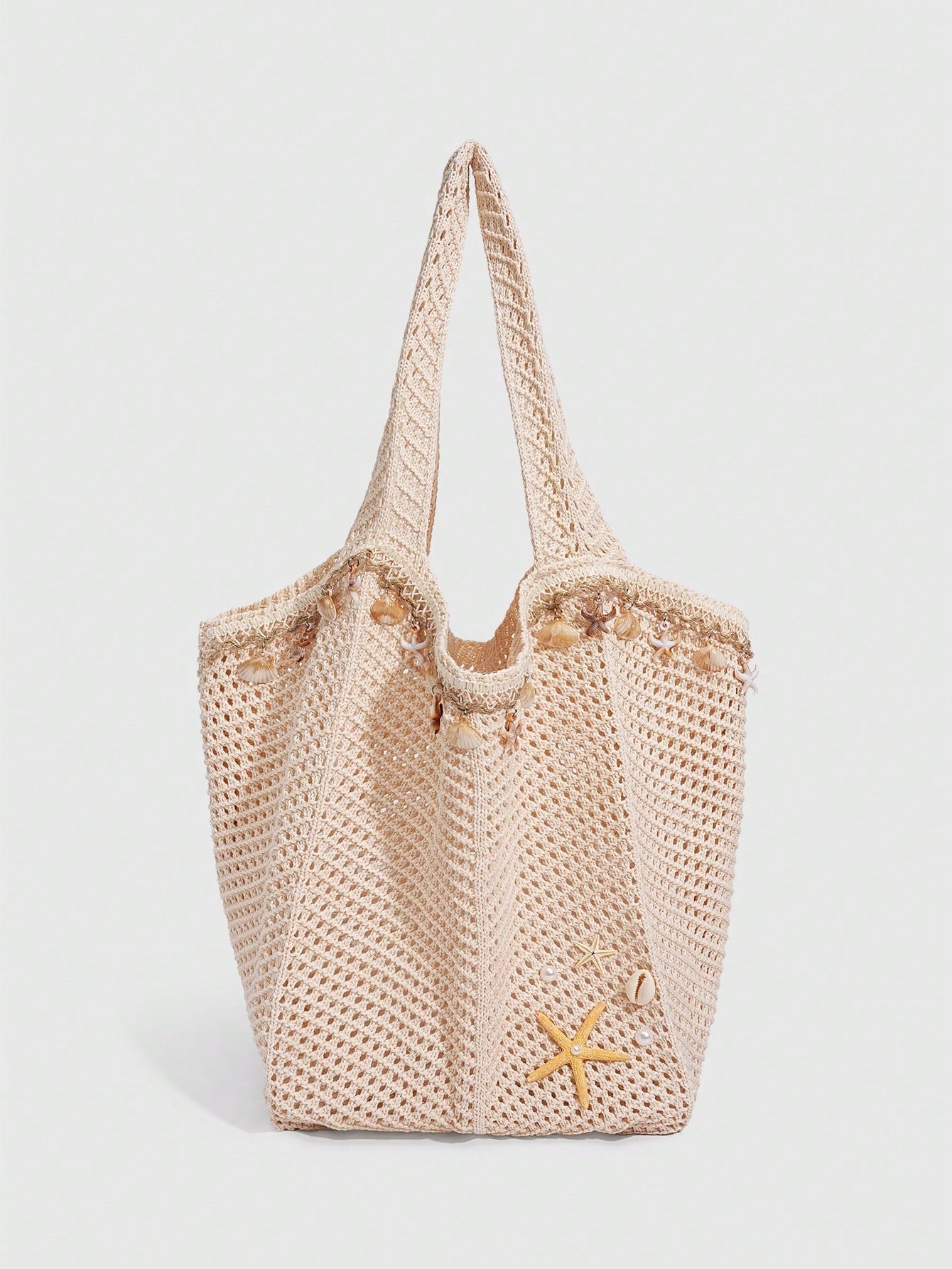 ROMWE Fairycore 1 Pc Tropical Ocean Beach Vacation Style Woven Hollow Beige Women's Shoulder Crossbody Handbag, Large Capacity Travel Vacation Bag