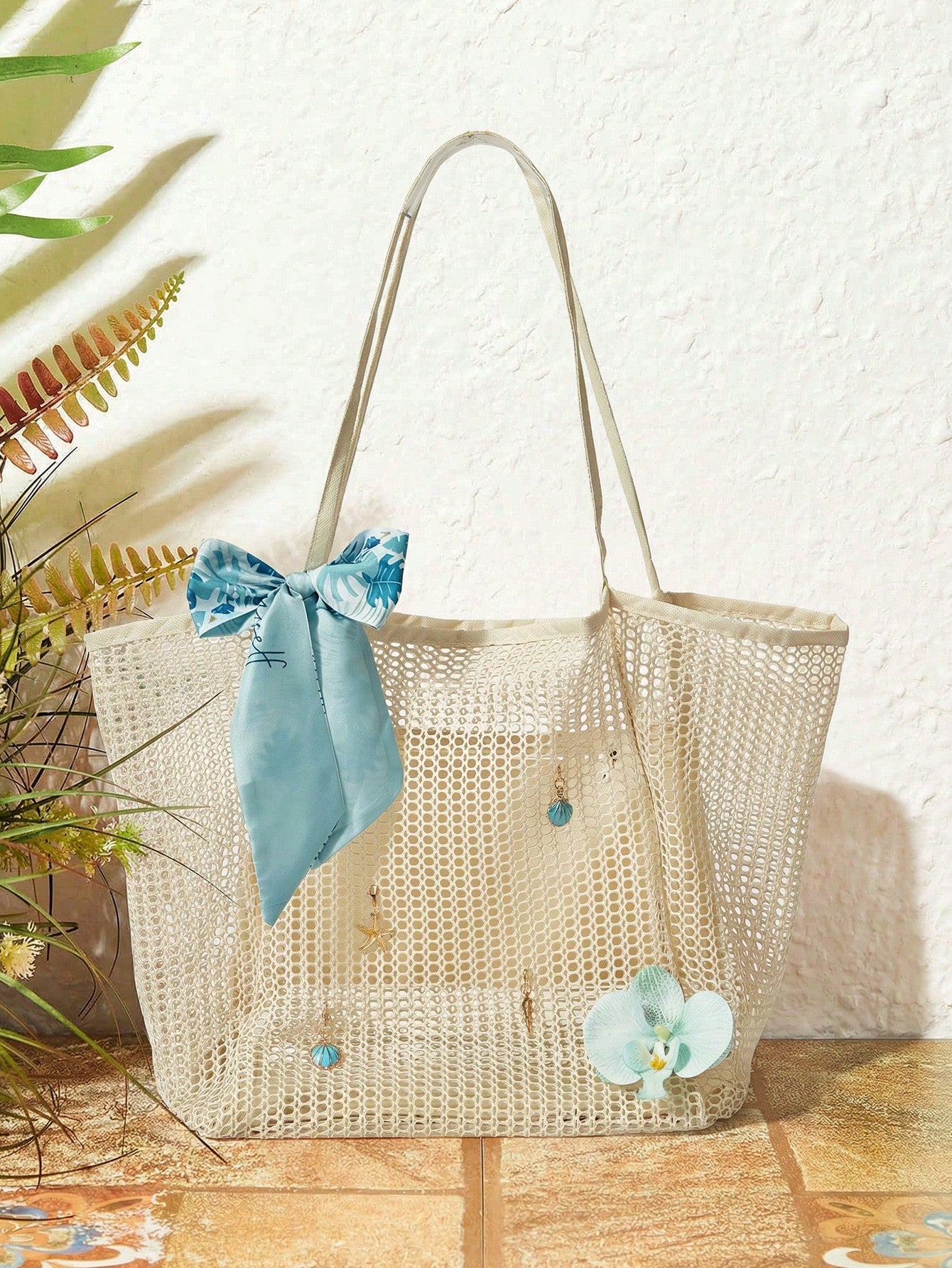 OMWE Fairycore 1pc Handmade Woven Tote Bag With Artificial Orchid, Lily Decor,