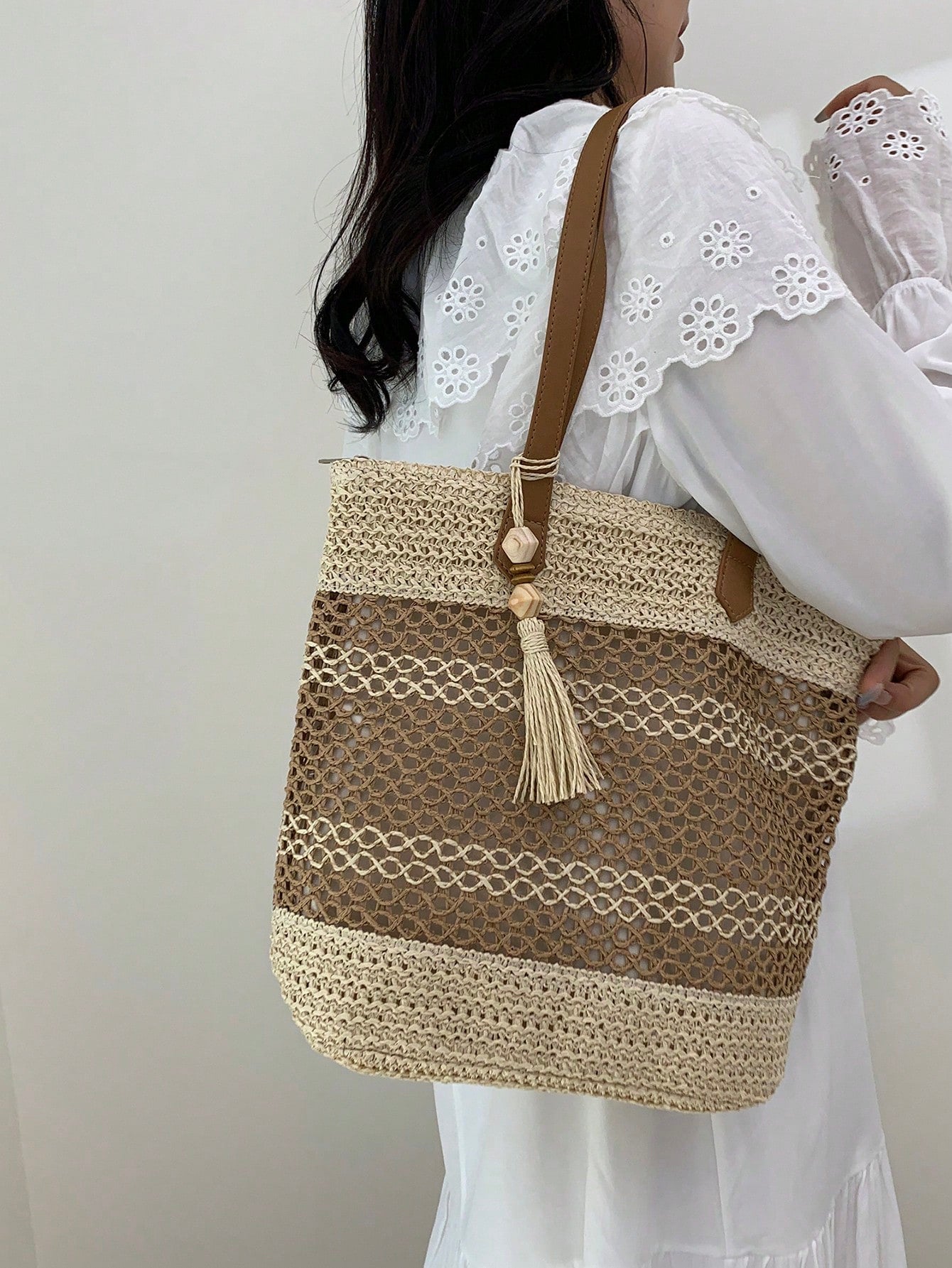 Tasseled Accent Colorblock Tote Bag, Beach Vacation Bag
