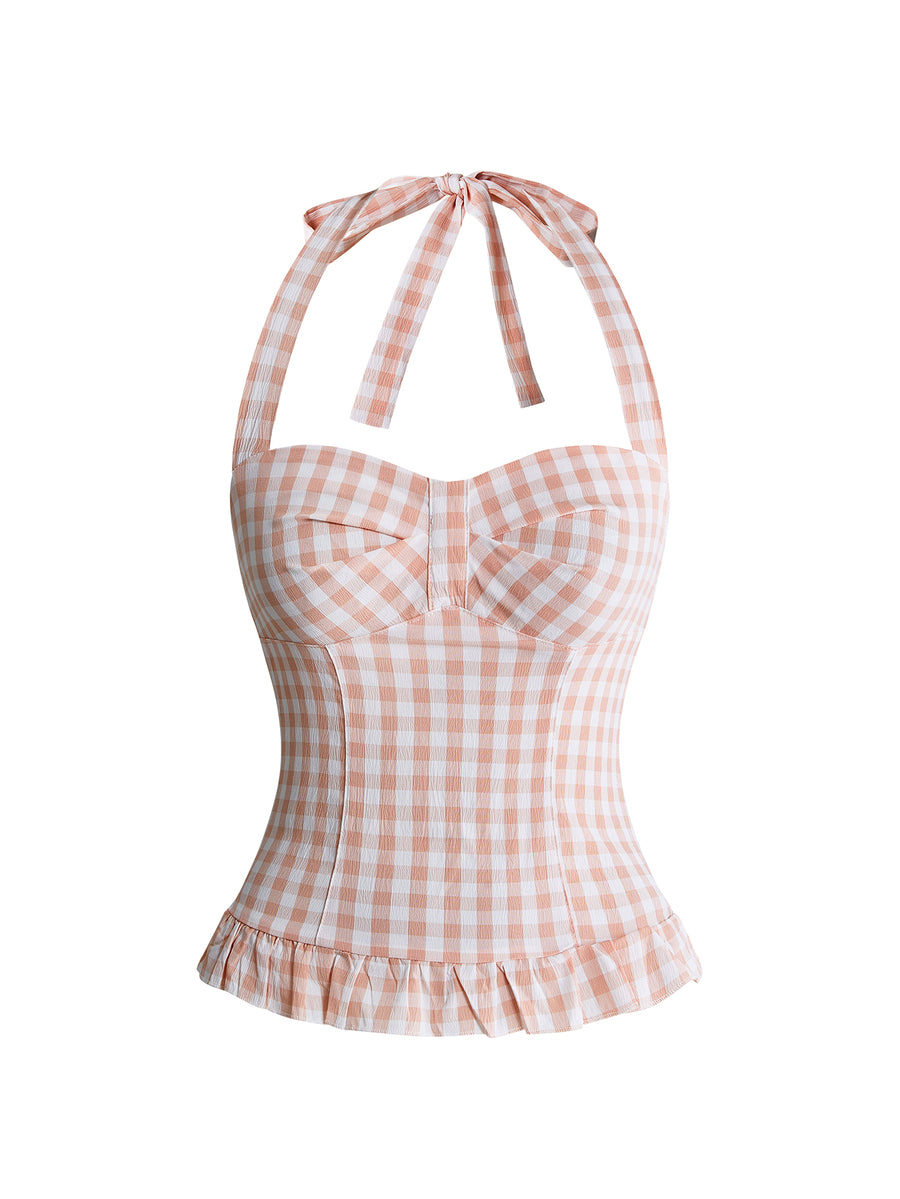 Pink plaid backless halter camisole set with ruched bust, knot detail, and ruffle hem for women.
