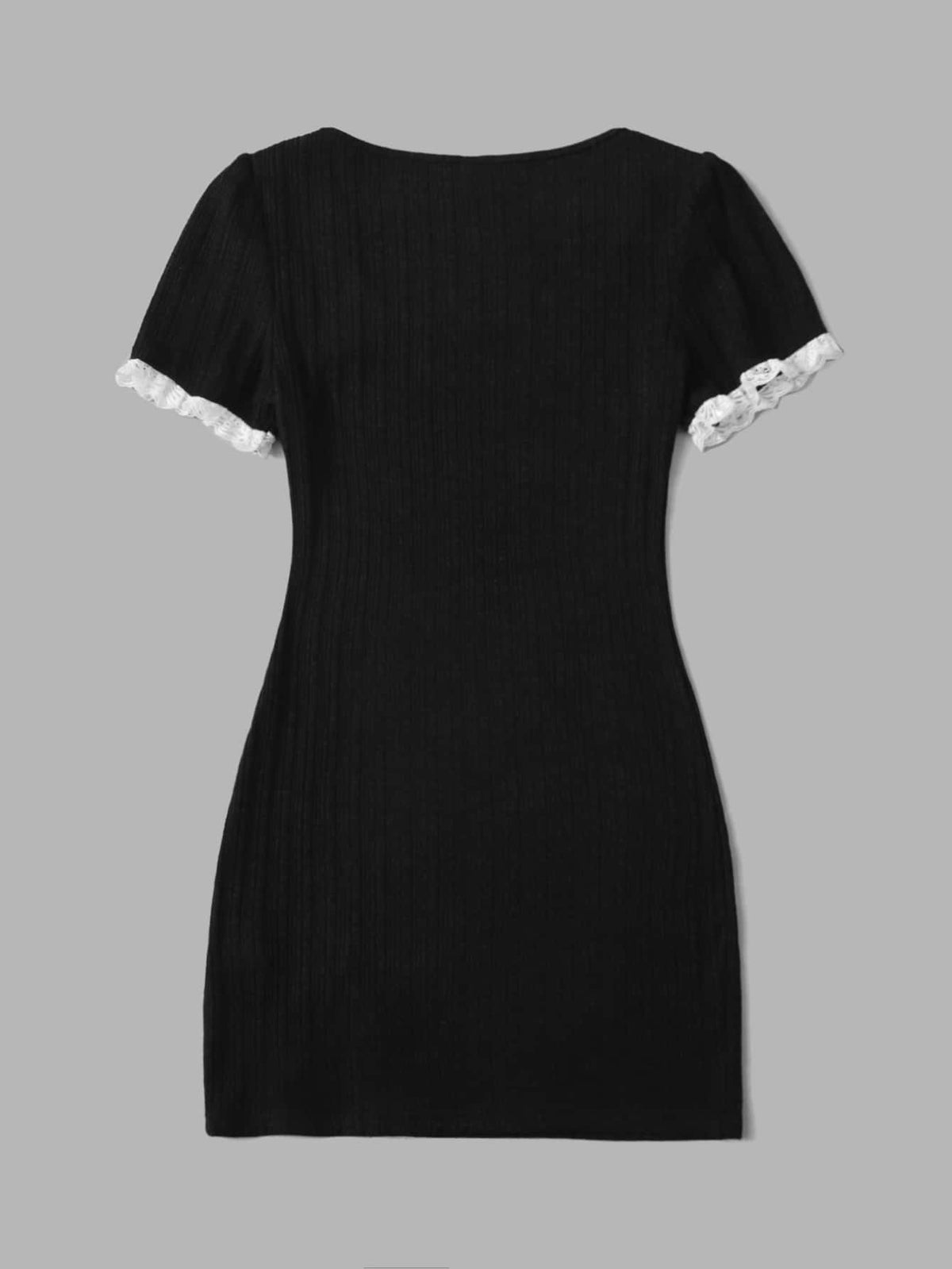 Women's black ribbed bodycon mini dress with scoop neck, short sleeves, contrast lace trim, and side split hem.