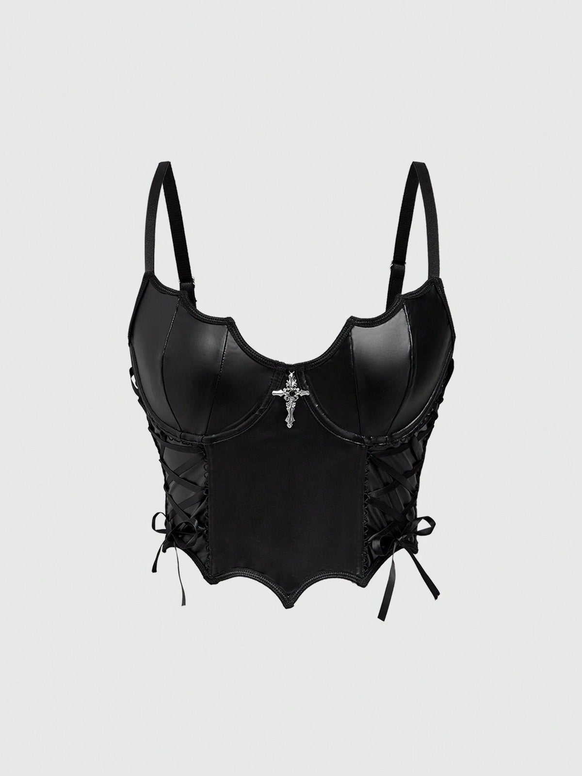 Black goth bat print front-tied camisole for women featuring spaghetti straps, lace-up detail, zipper, cold shoulder accents, and an asymmetrical hem.