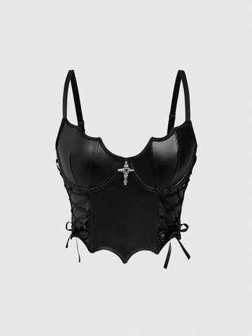 Black goth bat print front-tied camisole for women featuring spaghetti straps, lace-up detail, zipper, cold shoulder accents, and an asymmetrical hem.