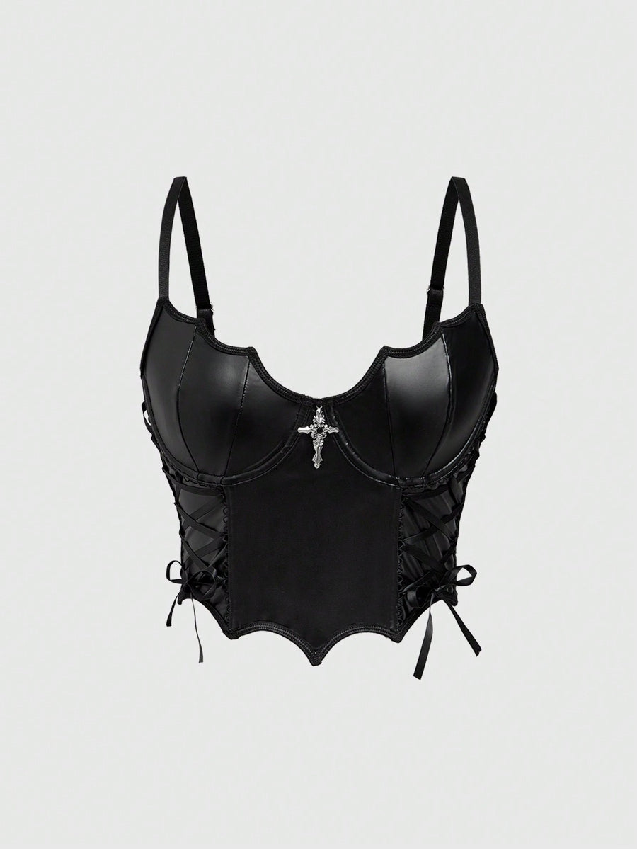 Black goth bat print front-tied camisole for women featuring spaghetti straps, lace-up detail, zipper, cold shoulder accents, and an asymmetrical hem.