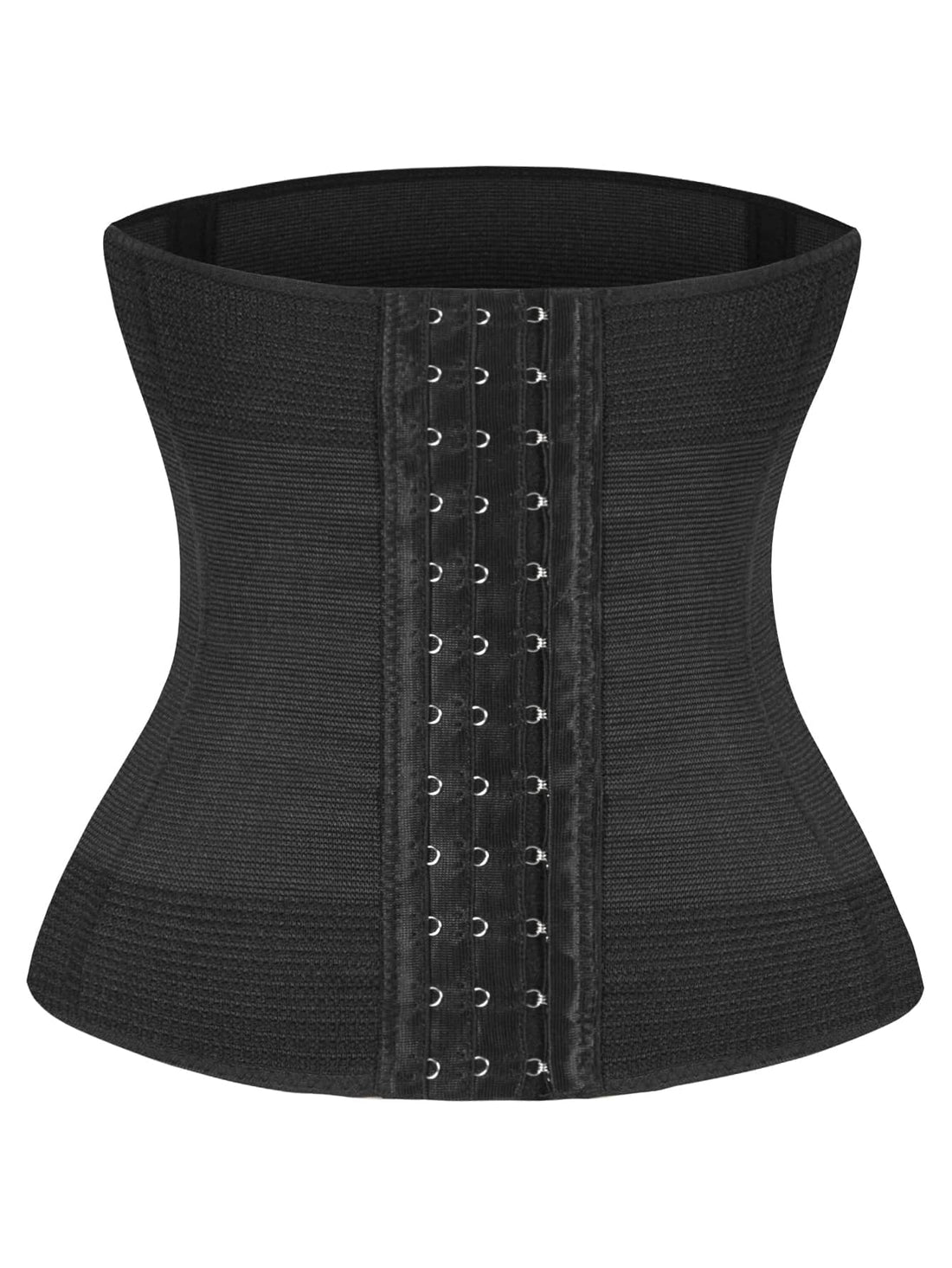 Women's black high stretch waist trainer corset featuring button front closure and strong waist support.