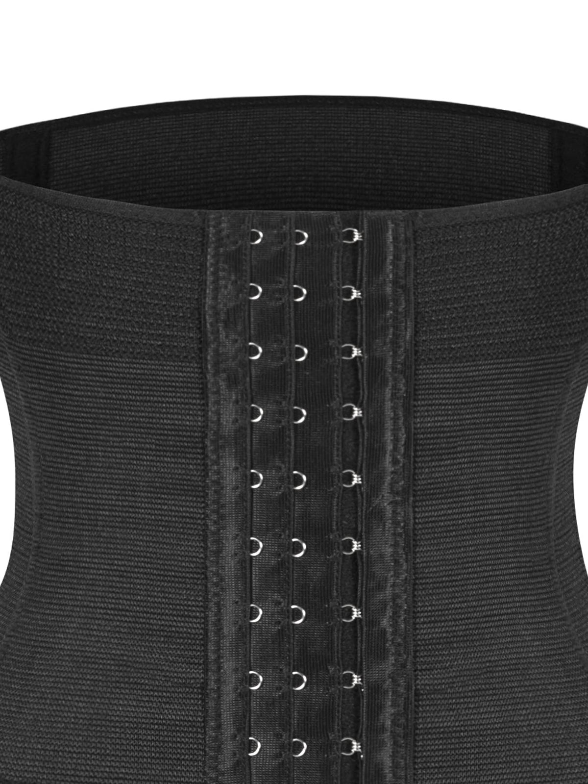 Women's black high stretch waist trainer corset featuring button front closure and strong waist support.