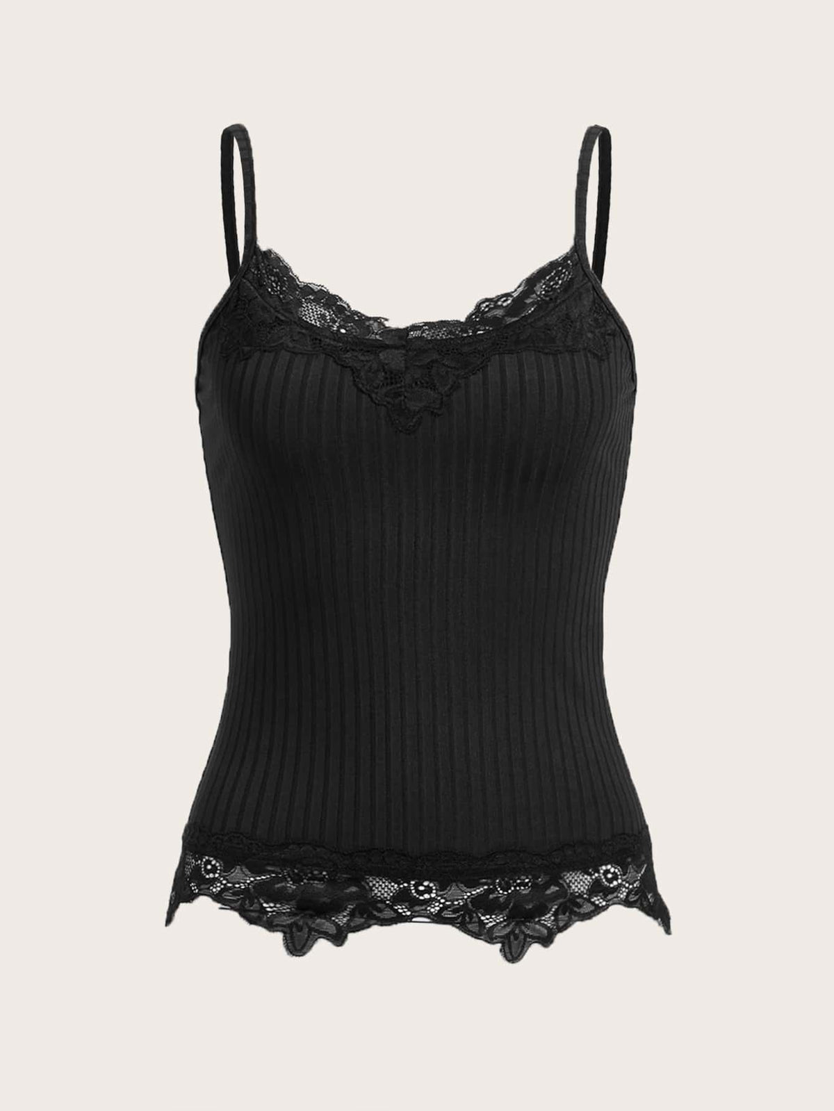 Women's black rib-knit cami top featuring delicate contrast lace trim and thin spaghetti straps.