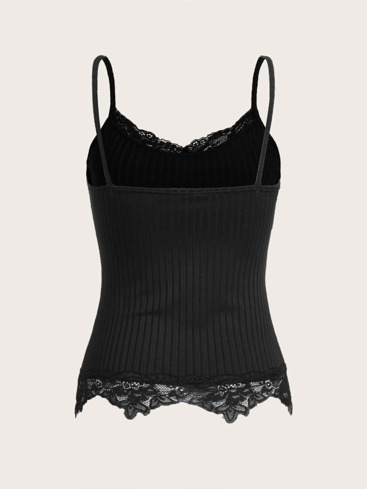 Women's black rib-knit cami top featuring delicate contrast lace trim and thin spaghetti straps.