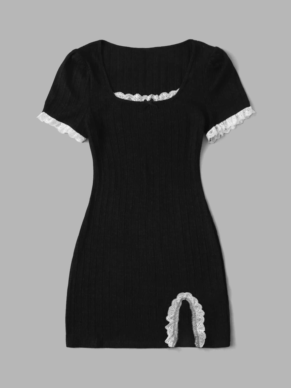 Women's black ribbed bodycon mini dress with scoop neck, short sleeves, contrast lace trim, and side split hem.
