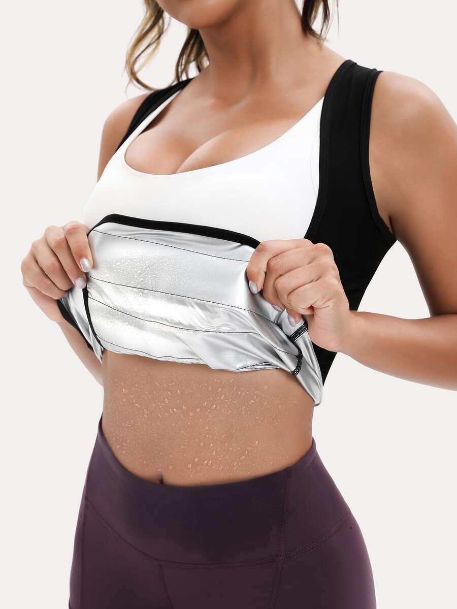 Women's pink sauna sweat waist cincher vest featuring fixed chest support, tummy control compression fabric, and hook and loop closure for fitness training.