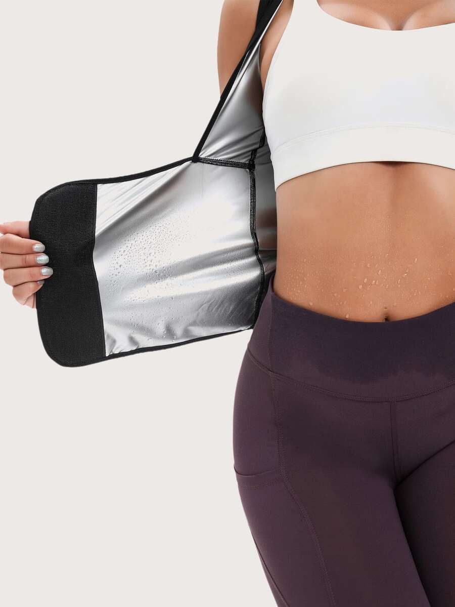 Women's pink sauna sweat waist cincher vest featuring fixed chest support, tummy control compression fabric, and hook and loop closure for fitness training.