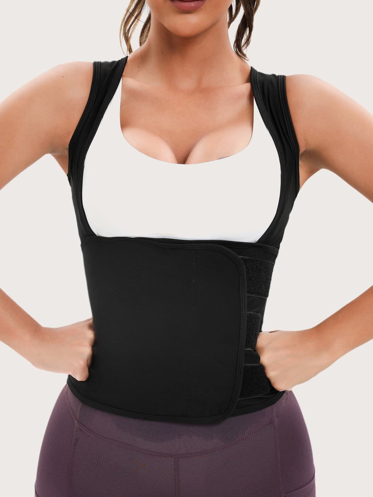 Women's pink sauna sweat waist cincher vest featuring fixed chest support, tummy control compression fabric, and hook and loop closure for fitness training.