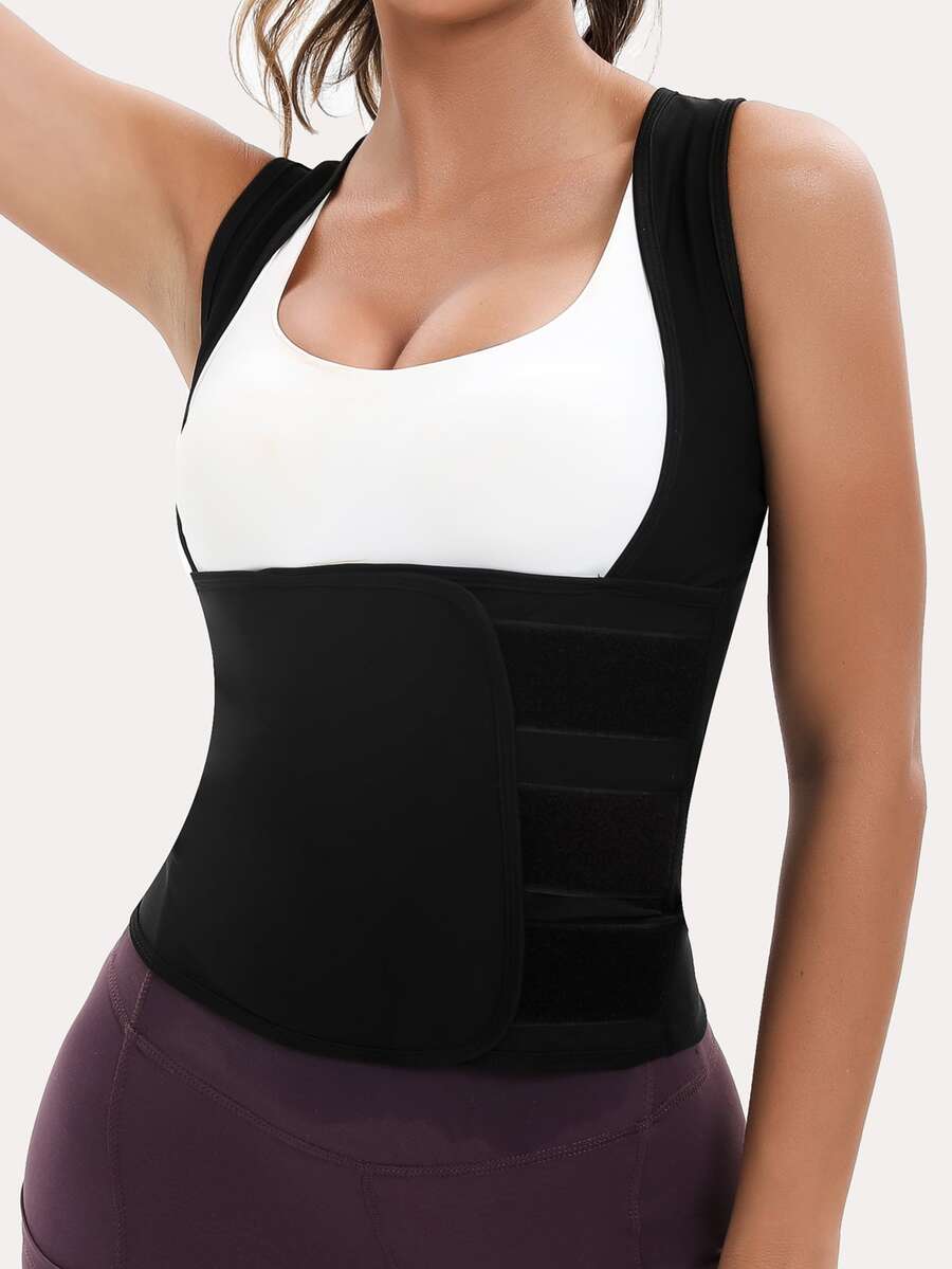 Women's pink sauna sweat waist cincher vest featuring fixed chest support, tummy control compression fabric, and hook and loop closure for fitness training.