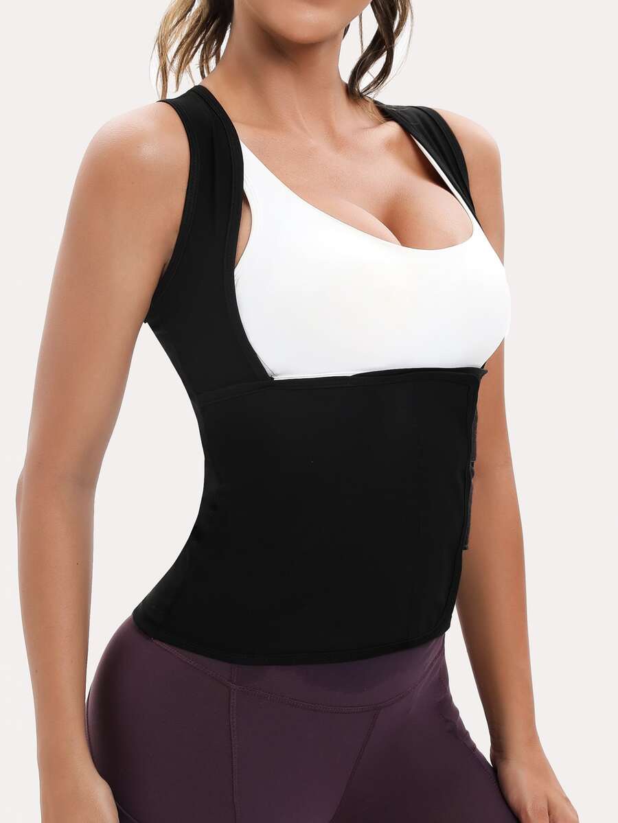 Women's pink sauna sweat waist cincher vest featuring fixed chest support, tummy control compression fabric, and hook and loop closure for fitness training.