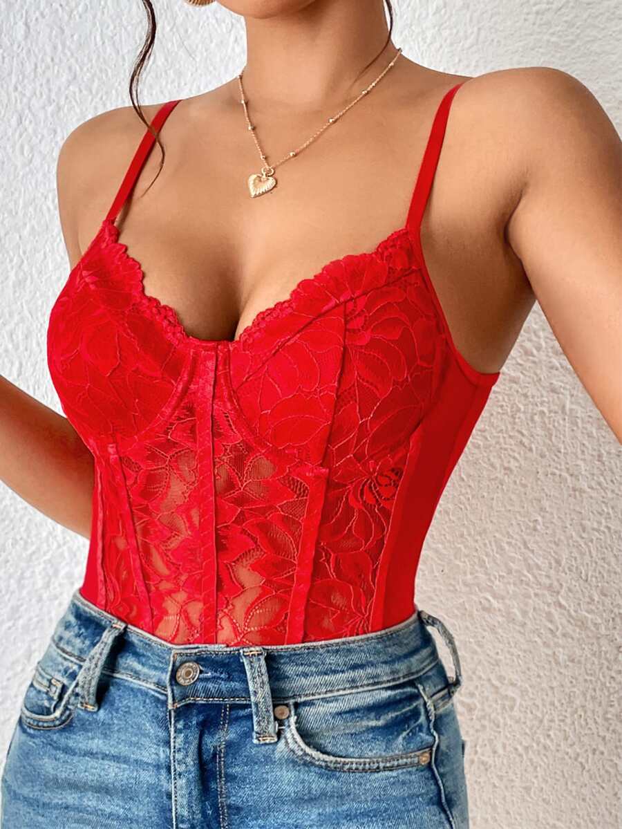 Apricot lace patchwork bodysuit for women featuring contrast corset detailing and spaghetti straps.