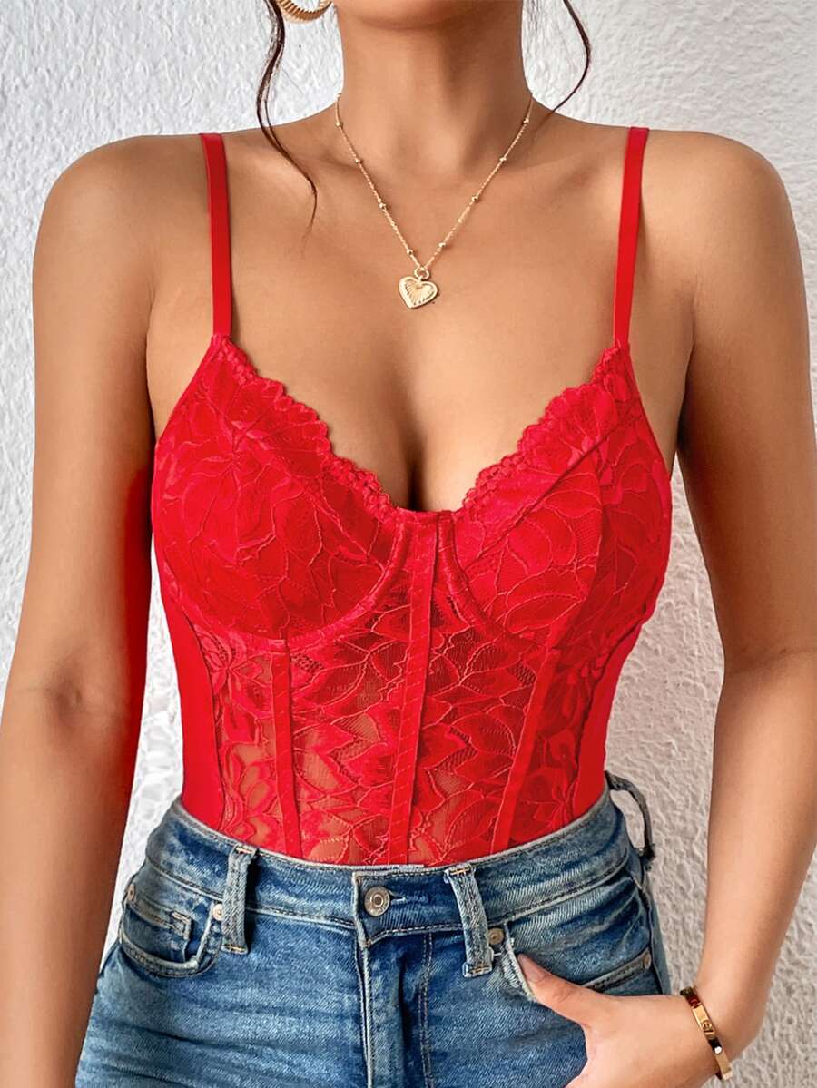 Apricot lace patchwork bodysuit for women featuring contrast corset detailing and spaghetti straps.