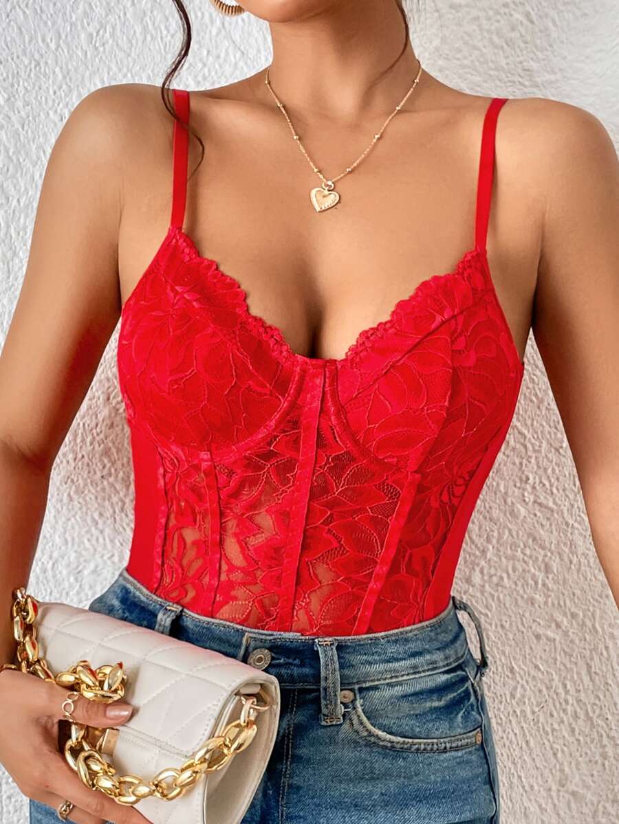 Apricot lace patchwork bodysuit for women featuring contrast corset detailing and spaghetti straps.